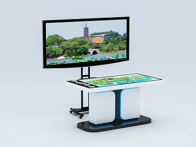 Modern Interactive Monitor And Touch Table Displaying Scenic Tower Bridge Green Trees Lake 3d model
