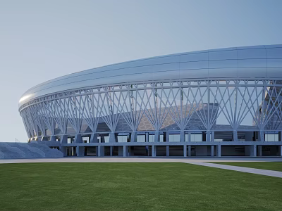 Large Modern Stadium With Streamlined Exterior Steel Frame Green Lawn And Surrounding Steps 3d model