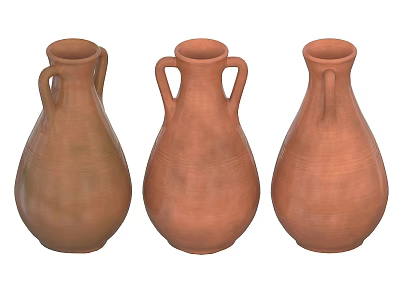 Three Traditional Brown Ceramic Vases With Two Handles And Textured Surface 3d model