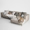 Elegant Light Beige Sectional Sofa With Multiple Colored Cushions And Soft Fur Throw 3d model
