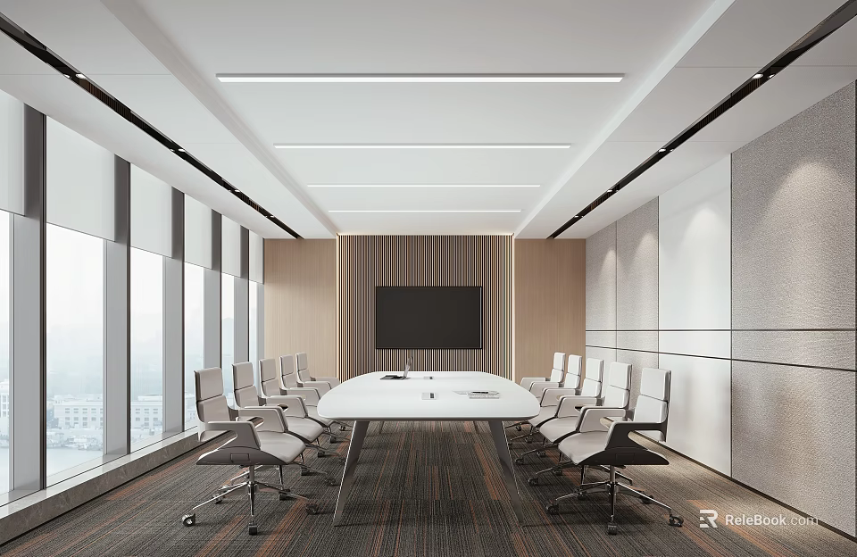 Modern Conference Room Interior With Large Windows Long Table Multiple Chairs And Wall Mounted TV 3d model