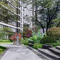 Chinese Garden Landscape Featuring Pagoda Waterfall Stone Bridge Lush Greenery and High-rise Buildings