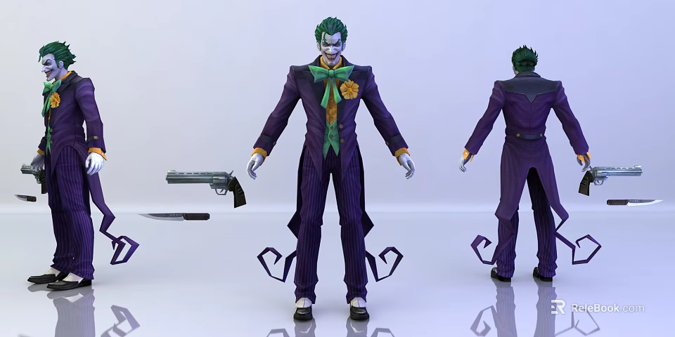 Joker Action Figure With Purple Striped Suit Green Hair Gun Knife Accessories Multiple Angles 3d model 