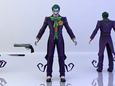 Joker Action Figure With Purple Striped Suit Green Hair Gun Knife Accessories Multiple Angles 3d model