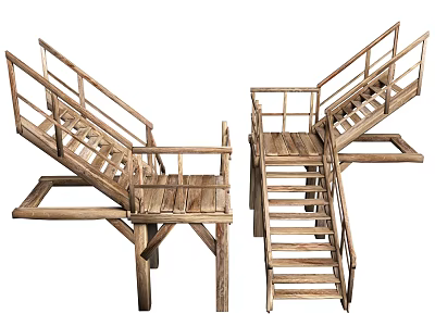 Rustic Wooden Outdoor Stairs With Handrails And Simple Design Structure 3d model