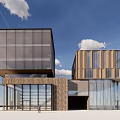 Modern Commercial Complex Architecture With Glass Curtain Walls And Wooden Elements