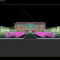 Modern Multistory School Building Design With Red Flag Front Fountains Green Trees And People Walking