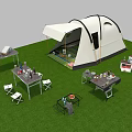 White Camping Tent On Green Grass With Tables Chairs Dinnerware And Food