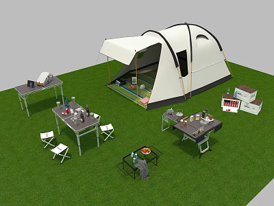 White Camping Tent On Green Grass With Tables Chairs Dinnerware And Food 3d model