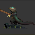 Green Head Otter Game Character With Brown Body Flaming Claw Holding Dagger On Blue Rock