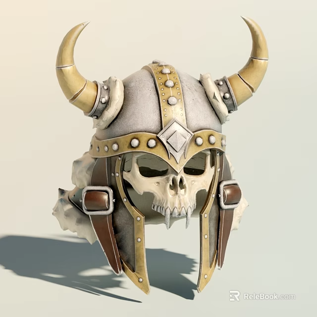 Viking Inspired Horned Helmet Featuring Skull Design Metal Rivets And Leather Straps 3d model 