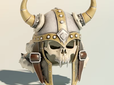 Viking Inspired Horned Helmet Featuring Skull Design Metal Rivets And Leather Straps 3d model
