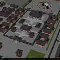Ancient Chinese Architecture Complex With Traditional Overhanging Eaves Tai Chi Square And Courtyard Layout