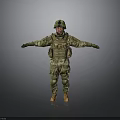Military Soldier In Camouflage Uniform With Helmet Knee Pads Arms Outstretched Against Gray Background