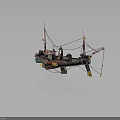 Colorful Vintage Fishing Boat Water Transport With Crane Ropes And Tires