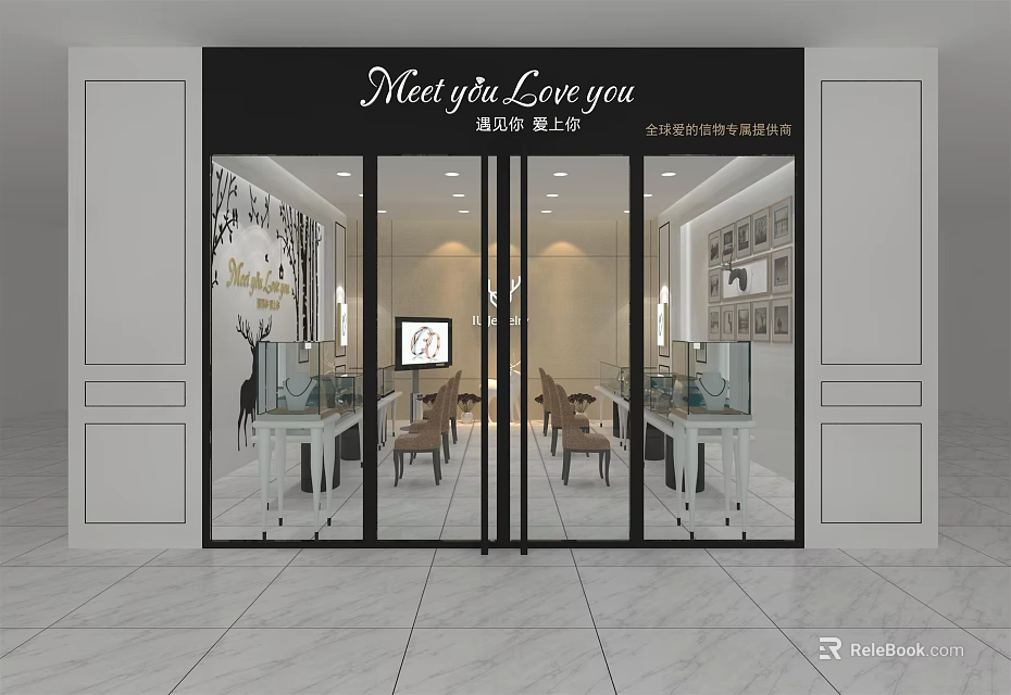 Elegant Modern Jewelry Store Facade With Glass Doors And Illuminated Display Cases 3d model 