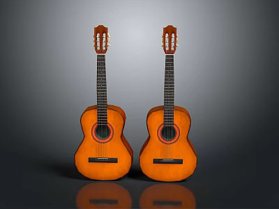 Two Wooden Classical Acoustic Guitars Placed Side by Side on Gray Background with Clear Reflections 3d model