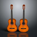 Two Wooden Classical Acoustic Guitars Placed Side by Side on Gray Background with Clear Reflections