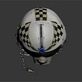 White Aviator Helmet With Blue And White Checkered Pattern Face Mask And Metallic Parts