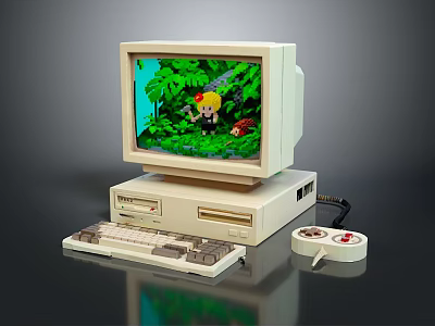 Vintage Computer Setup With Monitor Desktop Tower Keyboard Floppy Disk And Pixel Game Scene 3d model