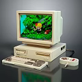 Vintage Computer Setup With Monitor Desktop Tower Keyboard Floppy Disk And Pixel Game Scene