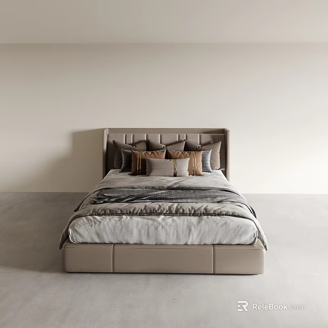Minimalist Double Bed Interior With Upholstered Headboard Neutral Bedding And Decorative Pillows 3d model