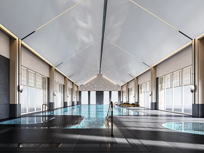 Modern Indoor Swimming Pool Interior With Large Windows Natural Light High Ceiling And Dark Tiles 3d model