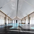 Modern Indoor Swimming Pool Interior With Large Windows Natural Light High Ceiling And Dark Tiles