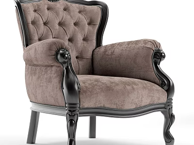Classic Fabric Armchair With Tufted Backrest And Carved Dark Wood Frame 3d model