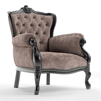 Classic Fabric Armchair With Tufted Backrest And Carved Dark Wood Frame 3d model