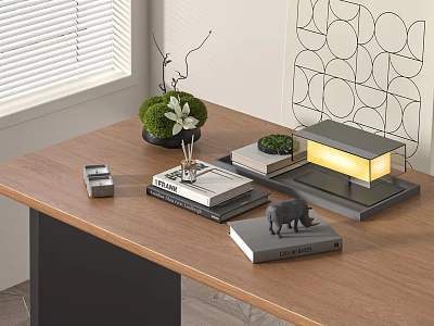 Ornamental Decor Collection on Wooden Desk with Green Plant Lit House Ornament Rhino Figurine Books 3d model