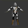 Armored Character With White Armor Black Cape Orange Belt And Boots Holding Weapon