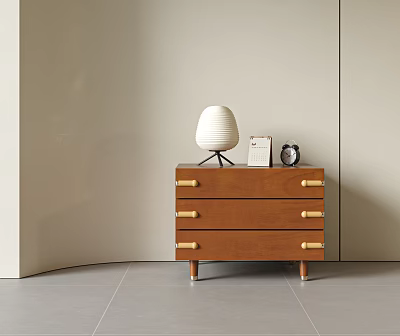 Elegant Brown Wooden Bedside Table With Gold Handles White Lamp And Alarm Clock 3d model