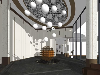 Modern Lobby Reception Desk With White Spherical Pendant Lights Dark Flooring And Glass Windows 3d model
