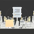 Industrial Automated Equipment With Multiple Robotic Arms Control Panel And Yellow White Components
