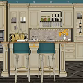 Elegant Classical Kitchen Cabinets With Golden Trim Glass Doors Island Counter And Blue Stools