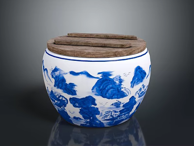 Blue And White Porcelain Jar With Landscape Pattern And Wooden Lid 3d model
