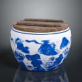 Blue And White Porcelain Jar With Landscape Pattern And Wooden Lid