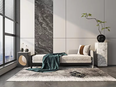 Modern Chaise Lounge By Window With City View Green Blanket Plant Books And Marble Pillar 3d model