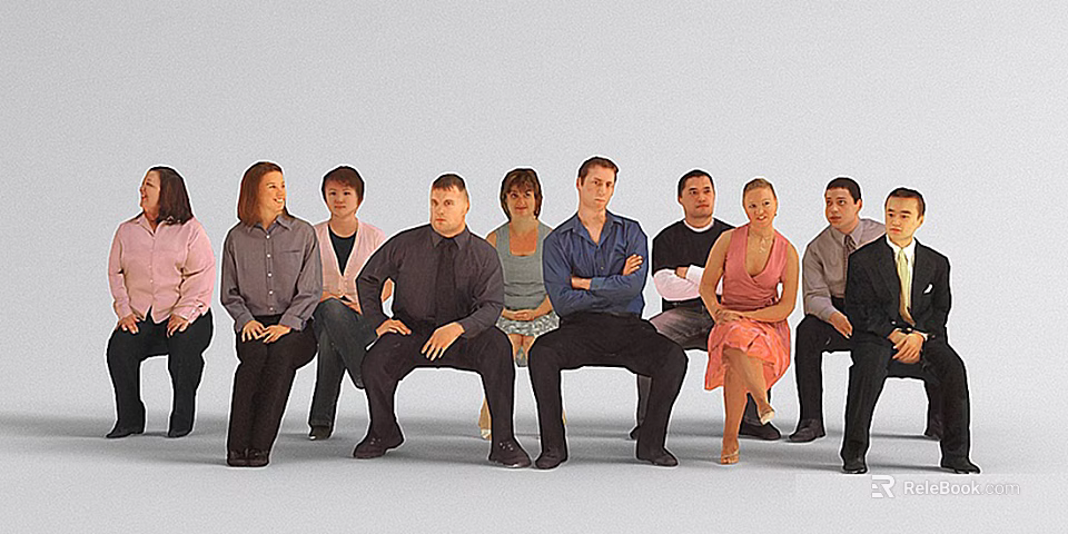 Group of diverse people sitting together on chairs posing for a group 3d model 