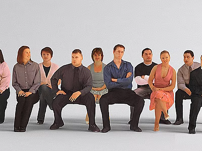 Group of diverse people sitting together on chairs posing for a group 3d model