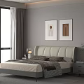 Modern Double Bed With White Upholstered Headboard Nightstands Wall Art And Green Plant