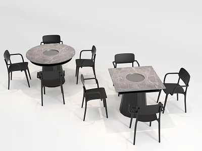 Modern Round And Square Dining Tables With Black Chairs And Marble Tops 3d model