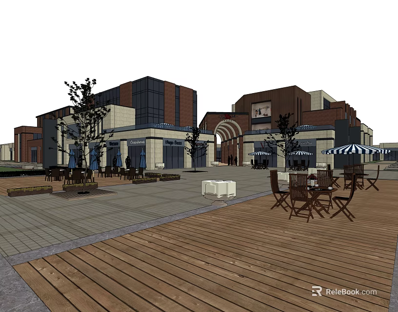 Modern Commercial Street With Contemporary Architecture Outdoor Seating Wooden Deck And Greenery 3d model 