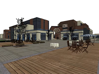Modern Commercial Street With Contemporary Architecture Outdoor Seating Wooden Deck And Greenery 3d model