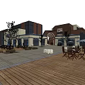 Modern Commercial Street With Contemporary Architecture Outdoor Seating Wooden Deck And Greenery