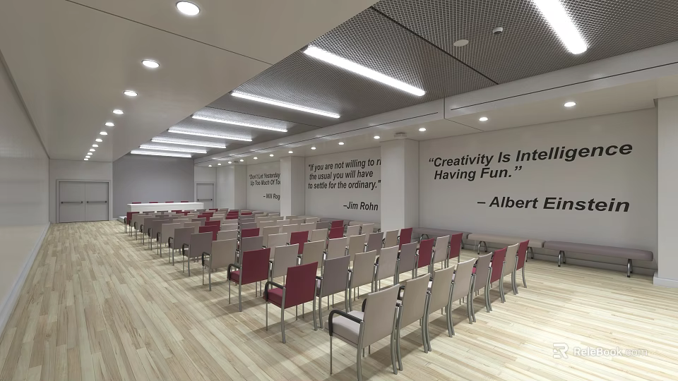 Modern Conference Room With Arranged Chairs Wall Einstein Quote And Lighting 3d model 