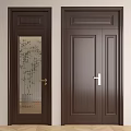 Dark Brown Wooden Hinged Doors with Glass Panel Bamboo Pattern and Solid Wood Design 3d model