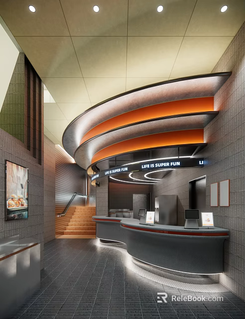 Modern Hotel Lobby Interior With Curved Ceiling Reception Desk Staircase And Warm Lighting 3d model 
