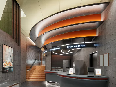 Modern Hotel Lobby Interior With Curved Ceiling Reception Desk Staircase And Warm Lighting 3d model
